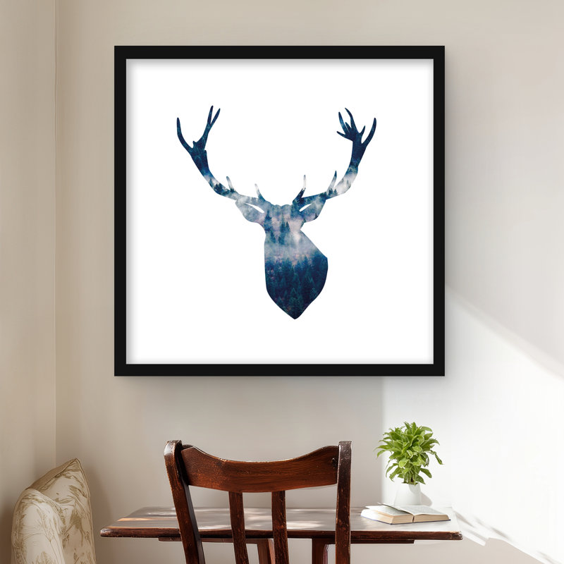 Deer Head Landscape - Classic Blue Framed Matted Print Decor