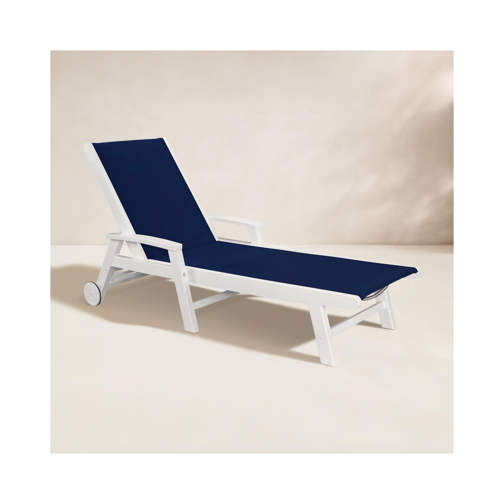 POLYWOOD Coastal Chaise with Wheels, Navy Blue, White