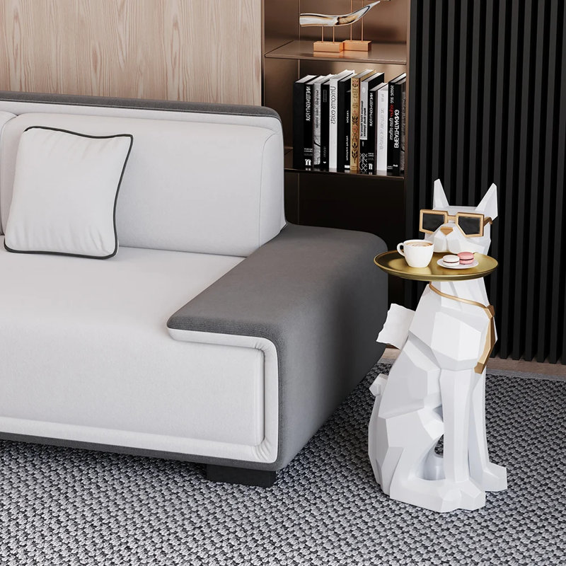 Modern Resin Dog Sculpture Cute End Table Side Table with Metal Storage Tray Tissue Box, White