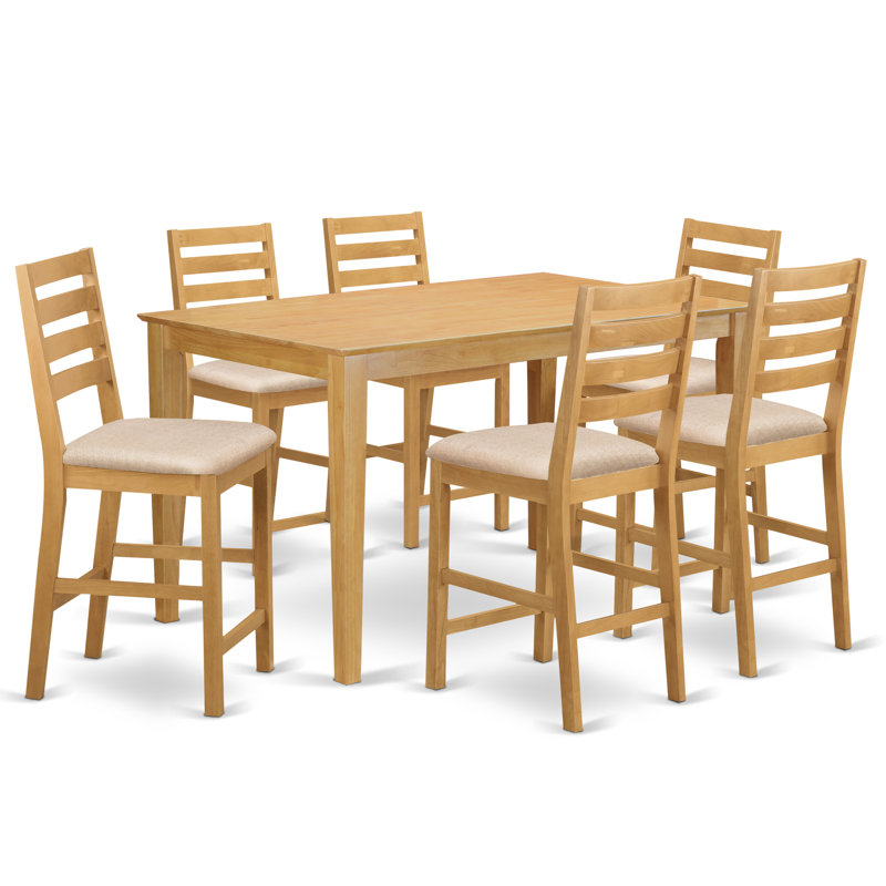 Ensemble de comptoir de cuisine 7 pièces composé d'une table de salle à manger rectangulaire et de 6 chaises de salle à manger en tissu de lin, 36 x 60 pouces, chêne