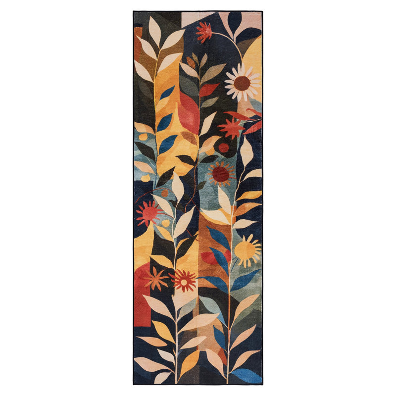 Machine Washable Modern Abstract Floral Area Rug Non-Slip Backing Black/Brown/Beige Indoor Carpet for Living Room, Bedroom, Hallway Runner