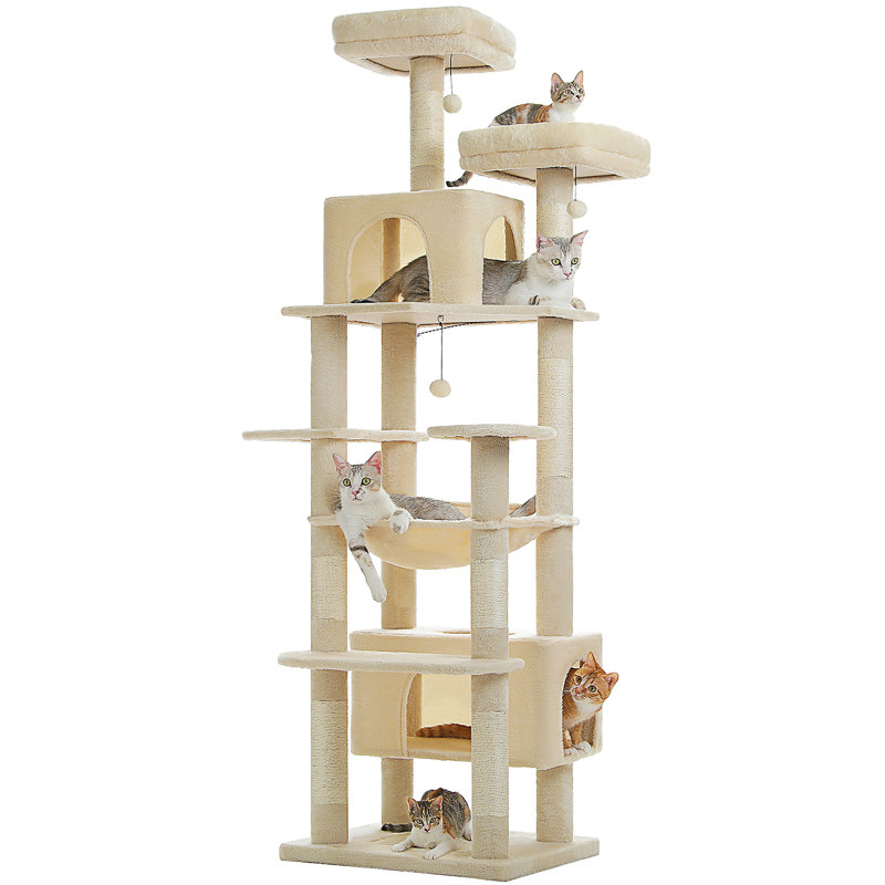 Arbre à chat robuste pour grands chats, tour de chat haute de 81 pouces avec 2 perchoirs, 2 condos et hamac spacieux, très grand XL avec 7 poteaux à griffer pour chats adultes de 20 lb et plus
