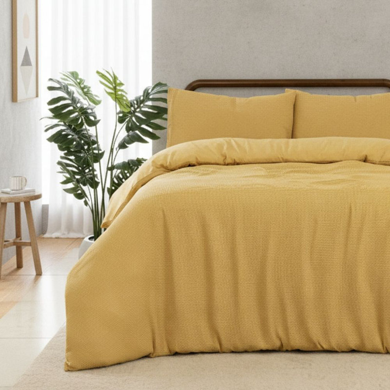 MHG Living Chunky Waffle Striped Duvet Cover Set Polycotton - Includes Pillowcase - Single/Double/King/Super King, Mustard