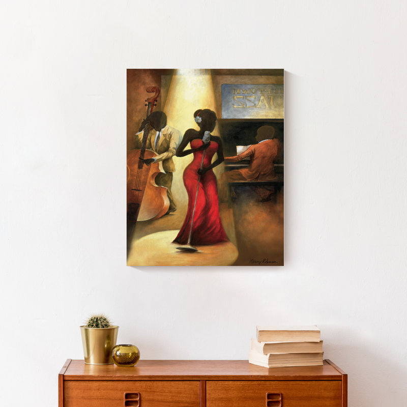 Chanteuse de jazz en rouge sur toile, H 20 po x l 16 po x P 1,25 po, Sans cadre