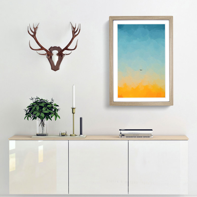 Airplane At Sunset In Abstract - Single Picture Frame Painting, Oak Framed, 33cm H x 24cm W x 2cm D