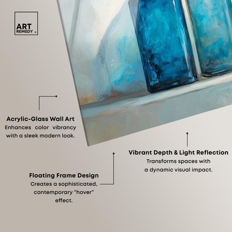 Trois bouteilles bleues, art floral campagnard en acrylique par Art Remedy, prêt à être accroché, H 24 po x l 30 po