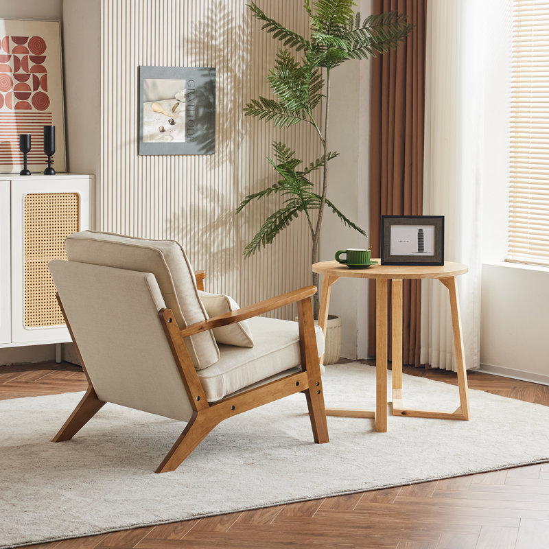 Lemley Upholstered Accent Chair With Wooden Legs And One Pillow, Beige Linen