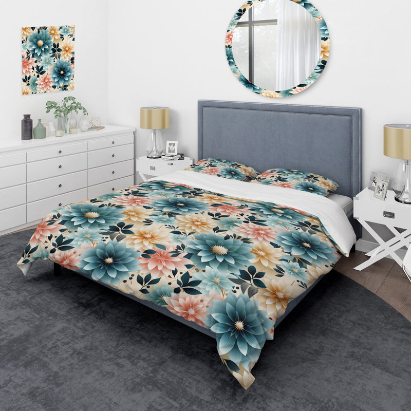 Blue And Pink Serene Conformation Floral Elegance - Ensemble de housse de couette à motif floral
