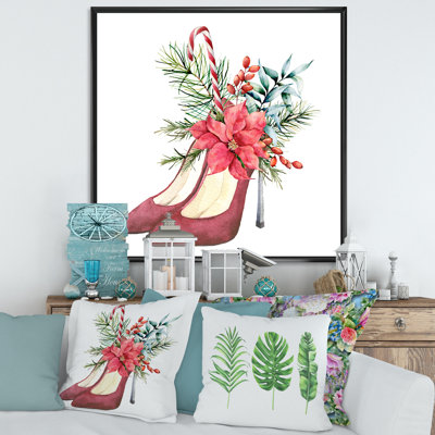 Chaussures à talons en daim rouges avec décor floral de Noël - peinture sur toile