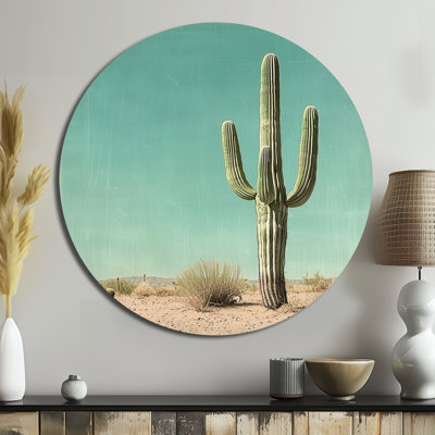 Art mural rond en métal Cactus minimaliste et ciel du désert II