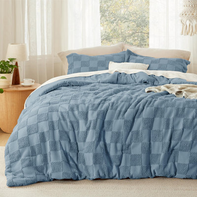 Ensemble d'édredon très grand bleu minéral, ensemble de lit touffeté bohème, literie à carreaux Shabby Chic, 3 pièces, 1 édredon géométrique à carreaux et 2 taies décoratives
