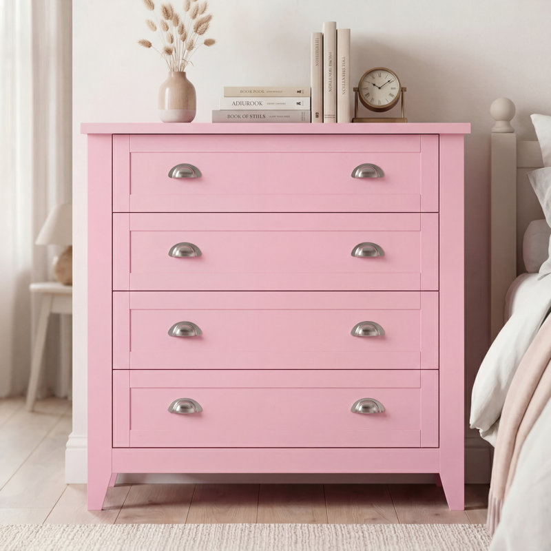 Pastel 4-Drawer Dresser with Silver Shell Handles, Modern Cottage Storage Cabinet in Sky Blue, Morandi Pink, or Mint Green