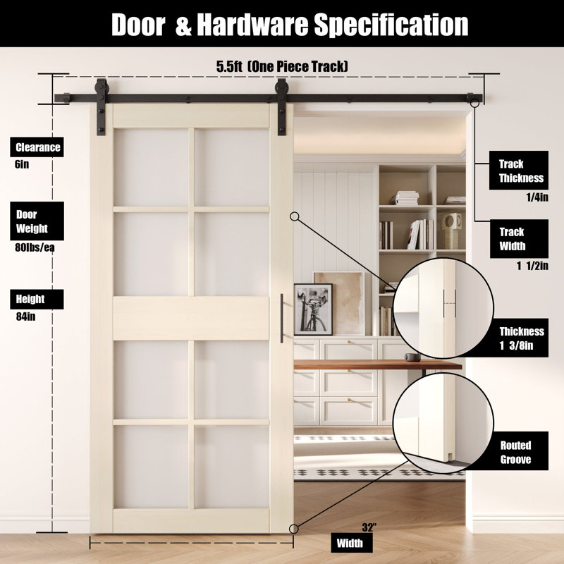 Porte de grange en verre non assemblé et fini de 32 po x 84 po avec ensemble de quincaillerie 32 po x 84 po Homacer Tinsmith, usage intérieur seulement