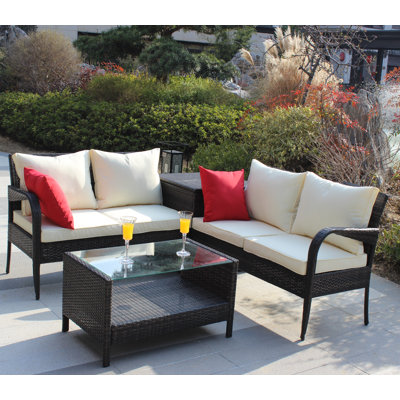 4 Piece Brown Wicker Rattan Patio Sectional Sofa Set With Storage Box - Outdoor Furniture With Tempered Glass Coffee Table And Cushions -  Winston Porter, 1350BB283C7F4FCF98667DF4C32F9817