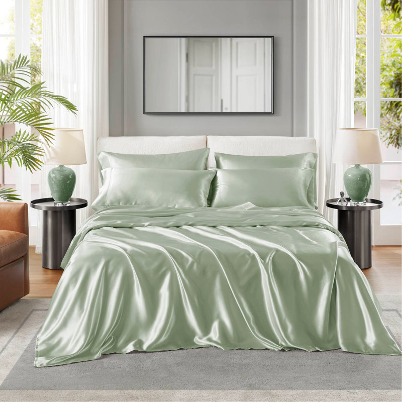 Ensemble de draps en satin de luxe, Couvre-lit très grand + 5 pièces supplémentaire, Vert