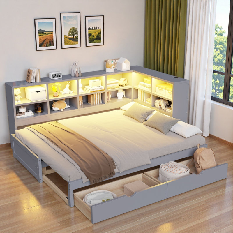 Modern Daybed With 2 Storage Drawers, Storage Cabinets, Led Light And Usb Ports, Gray
