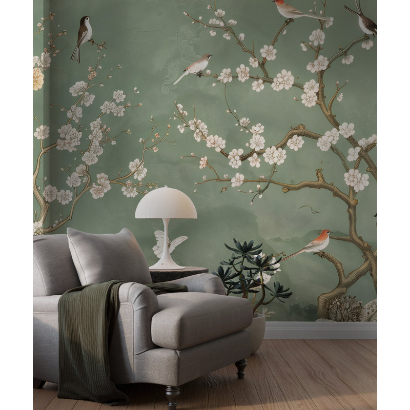 Papier peint mural motif de fleurs printanières vertes | Branches de cerisier | Intissé ou adhésif, 90" W x 60" H, Non-Woven