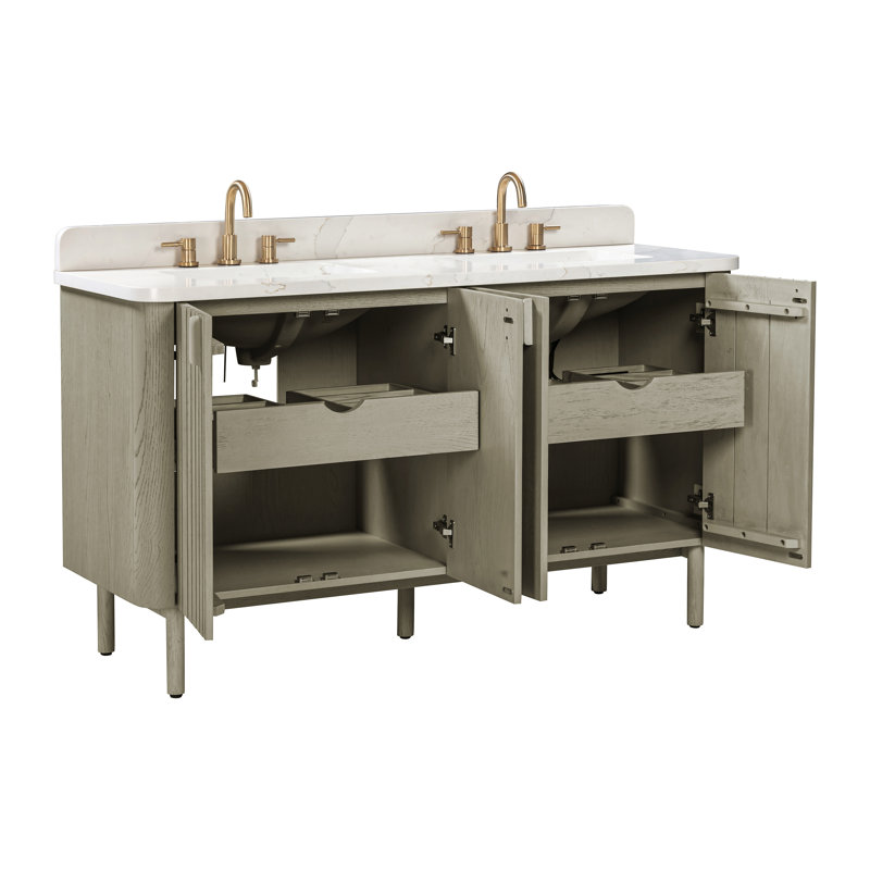 Meuble-lavabo double autoportant avec plateau en quartz Blakely, Gris, Doré, 61"