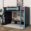 Lit mezzanine double avec bureau et rangement sous le lit, structure de lit mezzanine en bois avec tablettes, lumière RVB et station de charge-1961073895