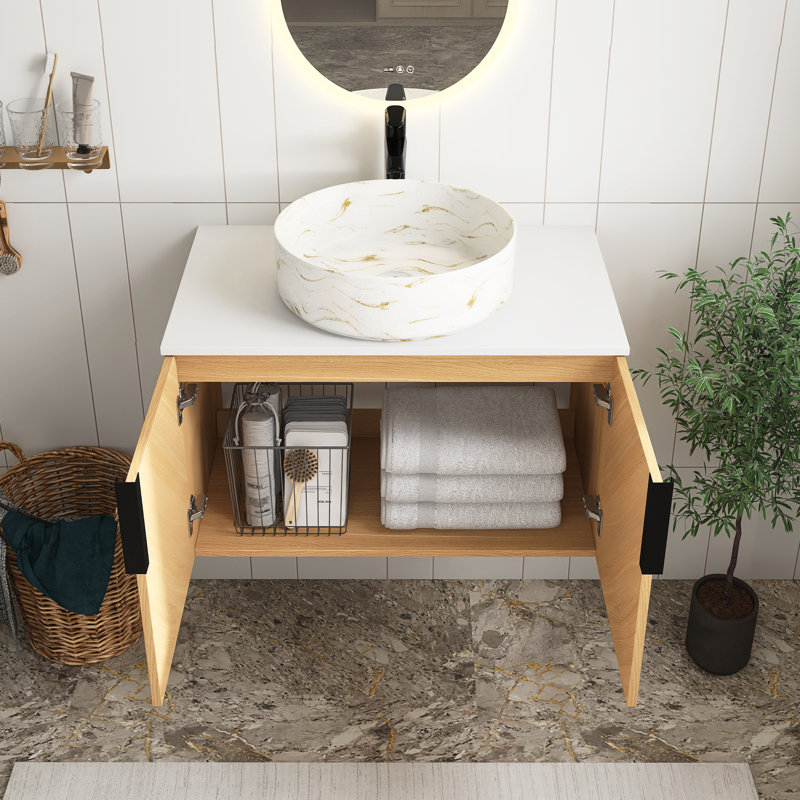 Meuble-lavabo mural de 30 po avec lavabo d'art en céramique à motif de marbre doré et dalle de pierre artificielle, 2 portes à fermeture douce