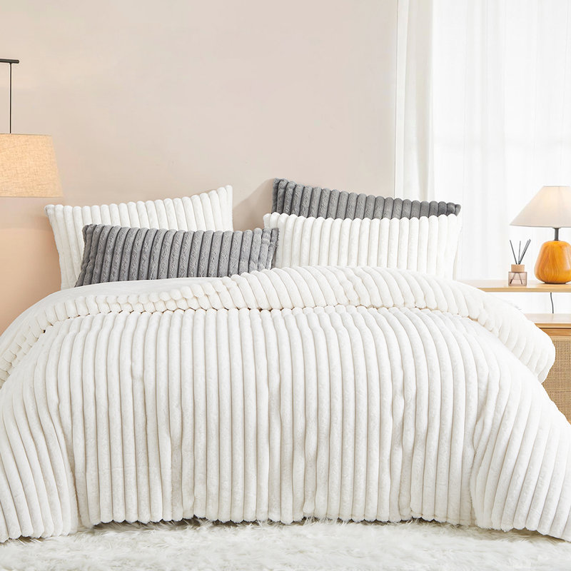 Ensemble de housse de couette rayé moelleux 3 pièces Nayoroom, Housse de couette grand et 2 taies d'oreiller stan, Blanc