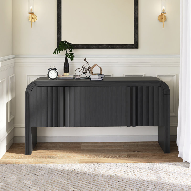 63" W Wood Wave-Pattern Storage Cabinet With Adjustable Shelf, Black