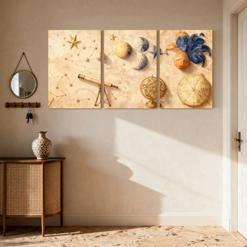 Mode, carte céleste, télescope, globe, étoiles, planètes, boussole, ensemble de 3 impressions sur toile, H 30 po x l 60 po