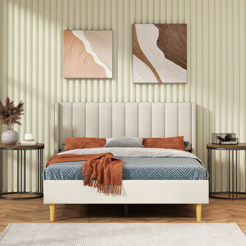 Deeb Vertical Channel Tufted Wingback Platform Bed, Queen, Beige Linen