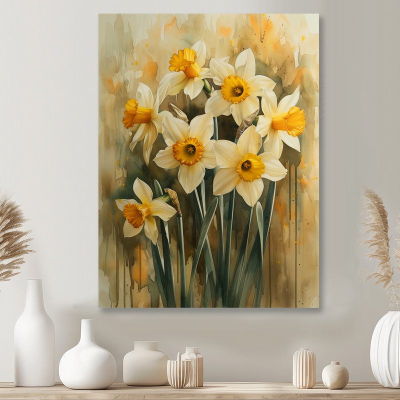 Jaune et blanc délicats pétales jonquilles - jonquilles murales, Sans cadre, métal, H 24 po x l 32 po