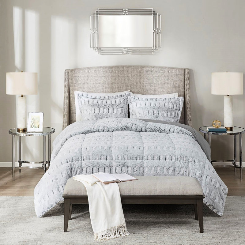Édredon gris en fausse fourrure pour lit simple / simple TG avec rembourrage et lavable à la machine, Gris