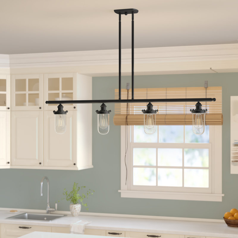 Luminaire suspendu linéaire à 4 lumières pour îlot de cuisine Calixta, Bronze huilé, Transparent