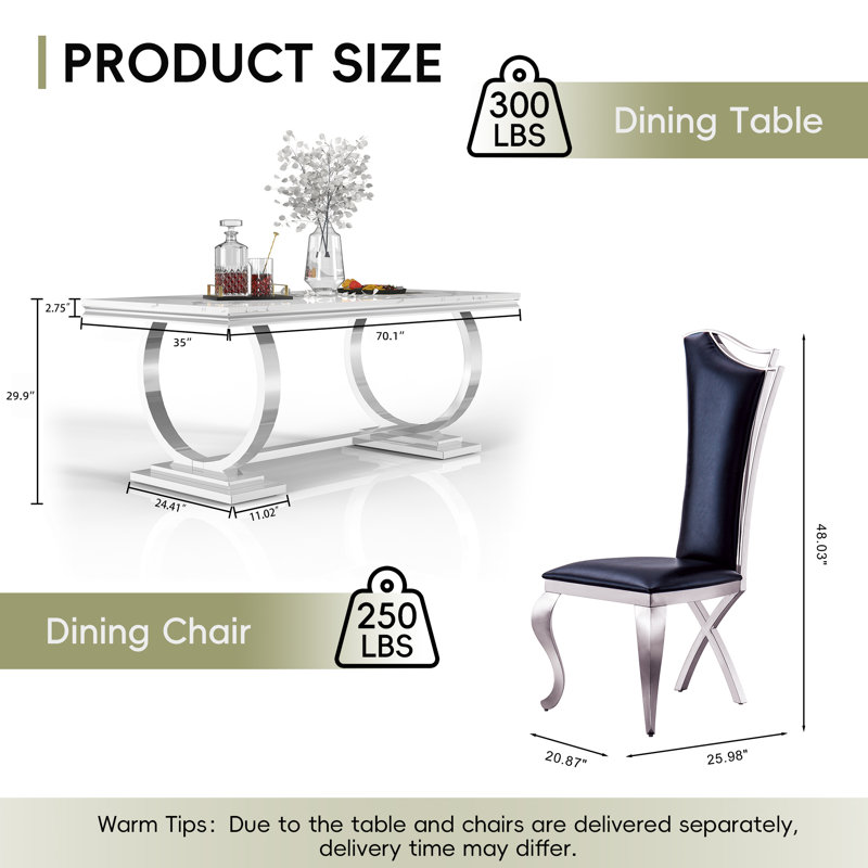 7-Piece Modern Dining Set – 70" Marble Veneer Table with Stainless Steel Base & 6 Upholstered Chairs, Marble White, Silver