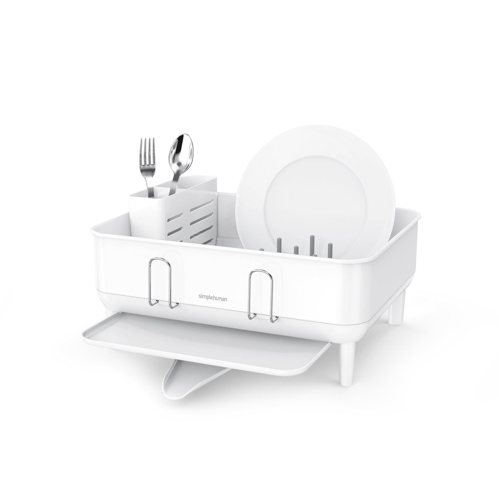 simplehuman Compact Kitchen Dish Drying Rack with Swivel Spout, Fingerprint-Proof Stainless Steel Frame, White Steel/White