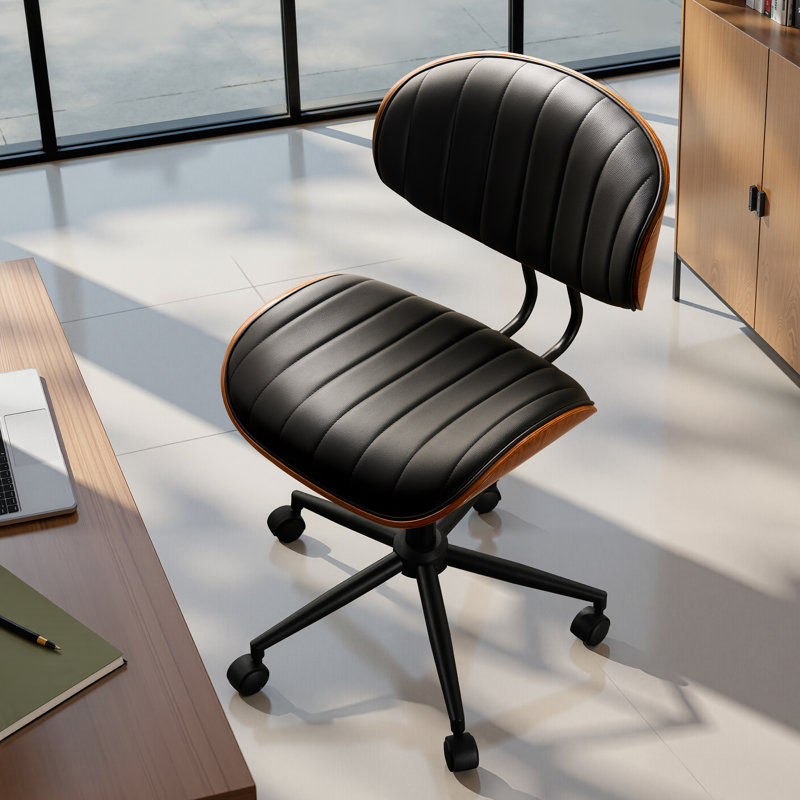 Modern Ergonomic Faux Leather Swivel Task Chair With Adjustable Height For Home Office Desk, Black/Brown