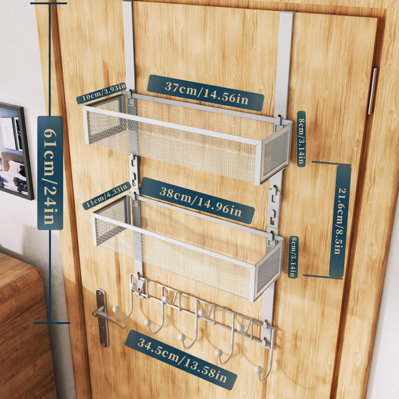 Rangement au-dessus de la porte avec 9 crochets et 2 paniers en maille - Rangement suspendu en acier inoxydable robuste pour la salle de bain, la chambre à coucher et la cuisine