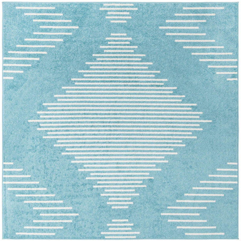 Tapis géométrique bleu clair en polypropylène tissé à la machine, Carré 7 pi