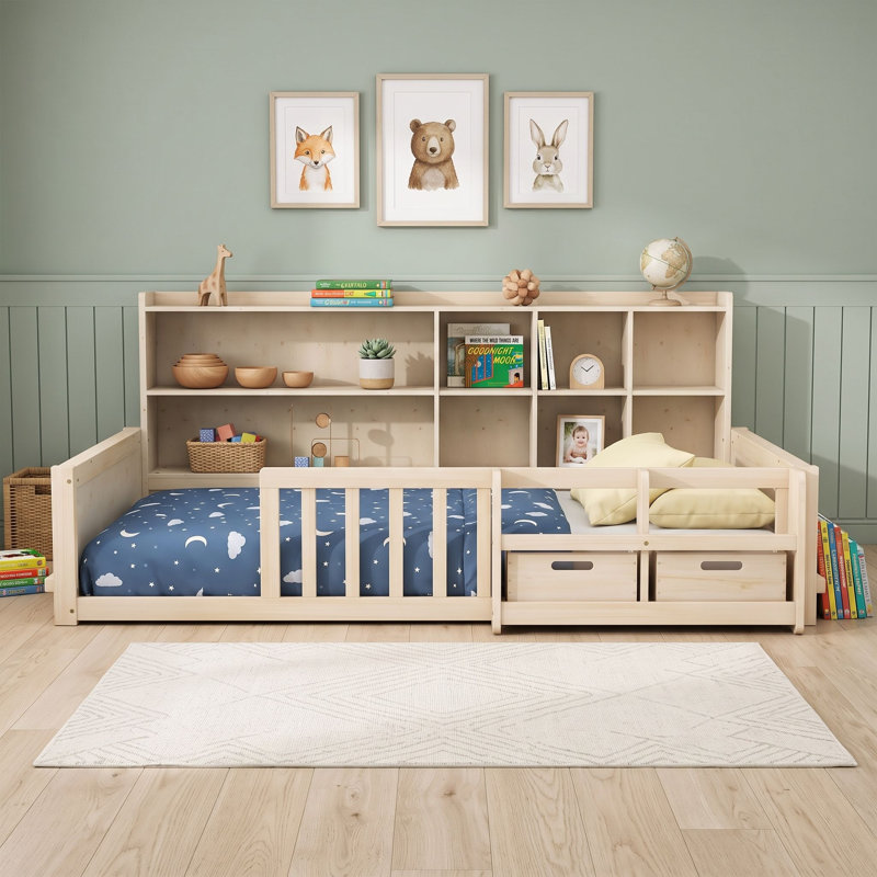 Base de lit plateforme en bois avec garde-corps et tablettes, Lit simple, Naturel
