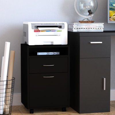 Armoire de rangement mobile avec tiroir et armoire, noir. Vaste choix, se déplace facilement sur roulettes, se range sous un bureau, cadre noir et support pour imprimante. Fournit de l'espace, facilement, un espace de bureau et une construction