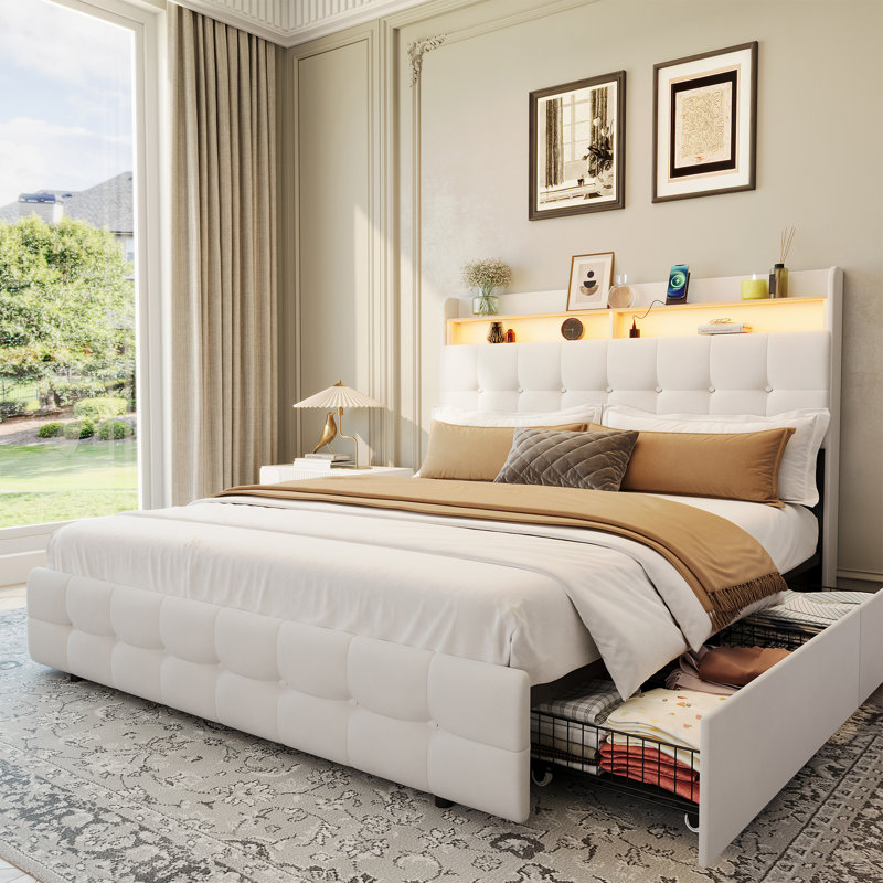 Bed Frame with 2 Storage Drawers, Upholstered Bed Frame with LED Light, Full, White