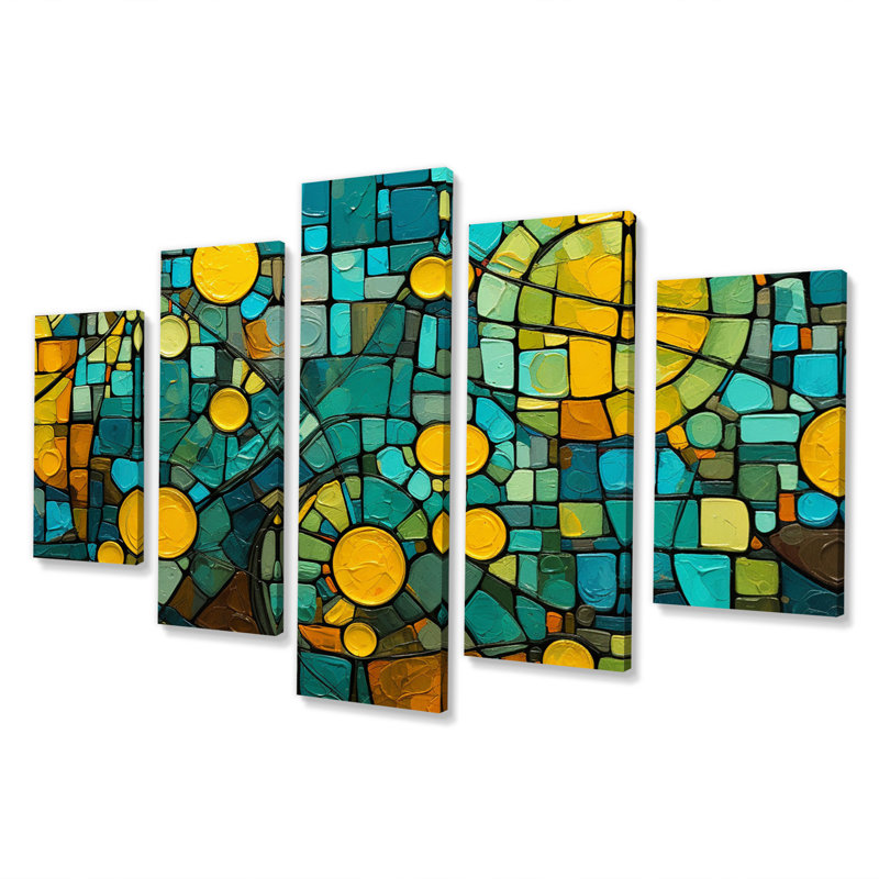«Smooth Inner Fire Retro Geometric Collage I», reproduction d'art sur toile abstraite - 5 panneaux