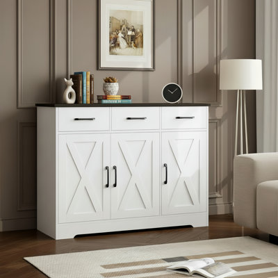 White/Black Modern Farmhouse-Style Sideboard With Barn Door Design, Drawers And Shelves; Suitable For Kitchen, Dining Room, Living Room, And Coffee Bar.