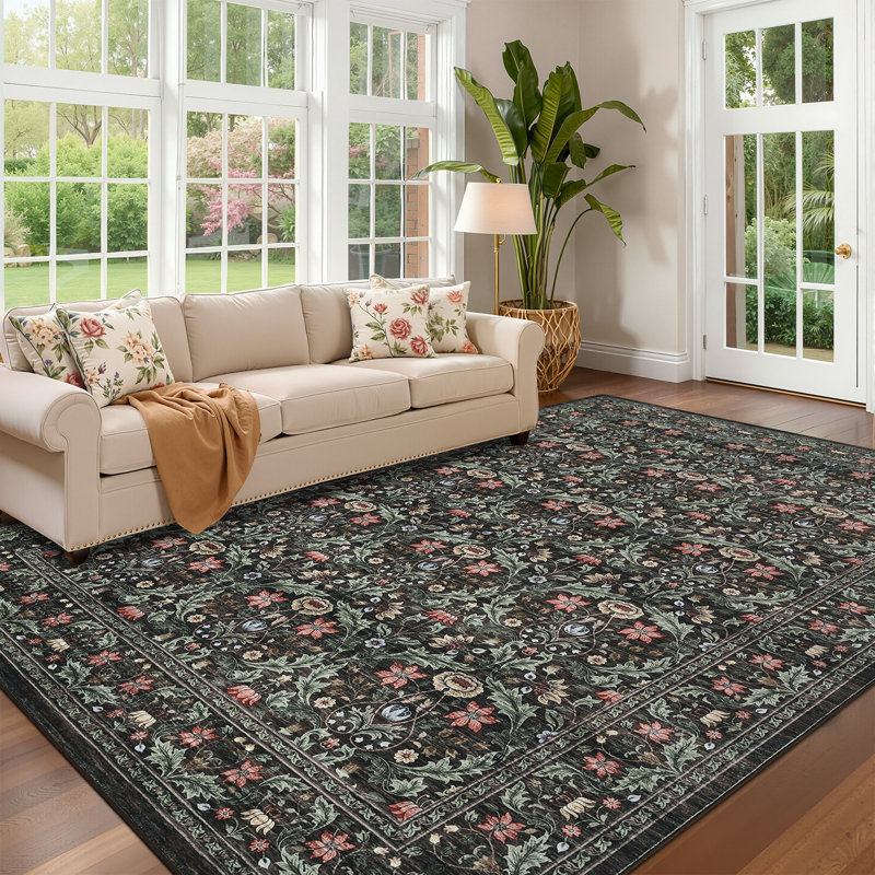 Vintage Floral Runner Rug, 8' x 10', Washable Polyester with Non-Slip Backing for Entryway, Kitchen or Bedroom, Brown, Brown