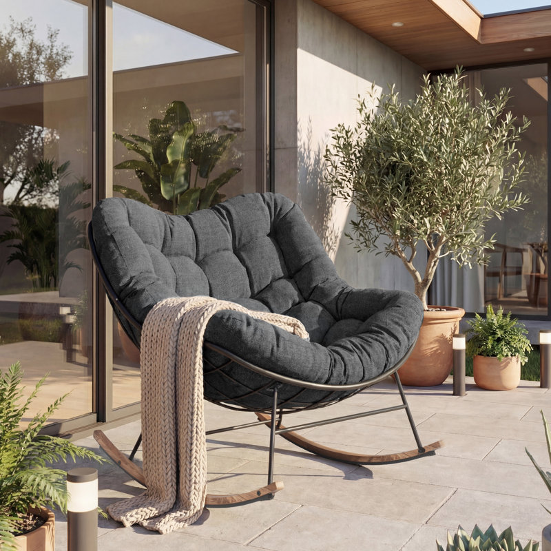 Chaise berçante en acier avec coussin, Coussin gris foncé / structure noire