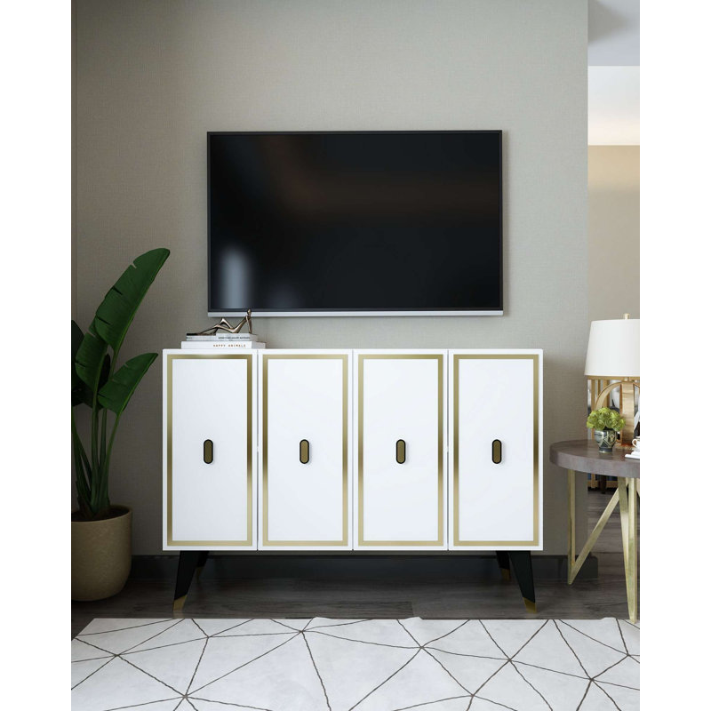 Console moderne avec option de fixation murale, panneau de particules enduit 100% mélamine, 47,2 po x 31,5 po x 11,6 po | Finition élégante en blanc et or | Nombreuses tablettes, conception robuste pour le salon et le vestibule