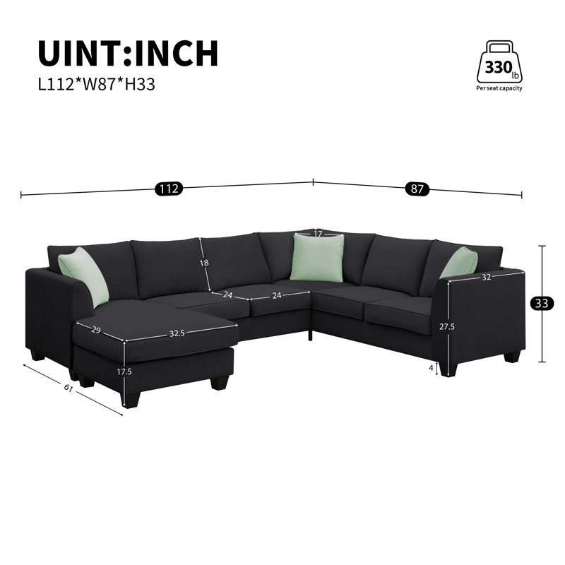 Canapé modulaire en U de 112 po de largeur, Mélange de polyester noir