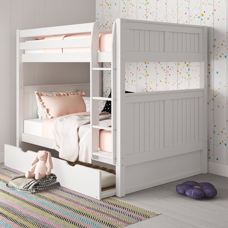 Lit superposé double sur double avec lit gigogne simple pour enfants Stig, Blanc