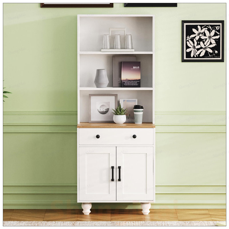 Armoire de rangement Farmhouse avec 4 pieds en bois massif en forme de gourde, armoire de cuisine moderne avec tablettes réglables, bibliothèque à 5 niveaux avec tiroir pour le salon