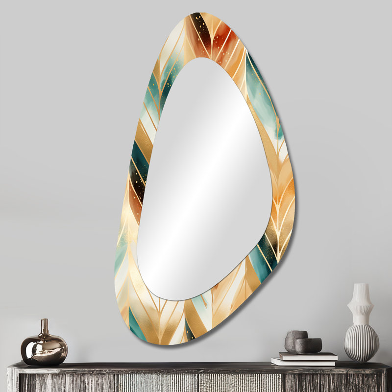Kingsland Goldern Gilded Chevron Reverie - Chevron Unique Shape Large Wall Mirror, Glam Asymmetrical Unique Mirror, Printed Metal Art
