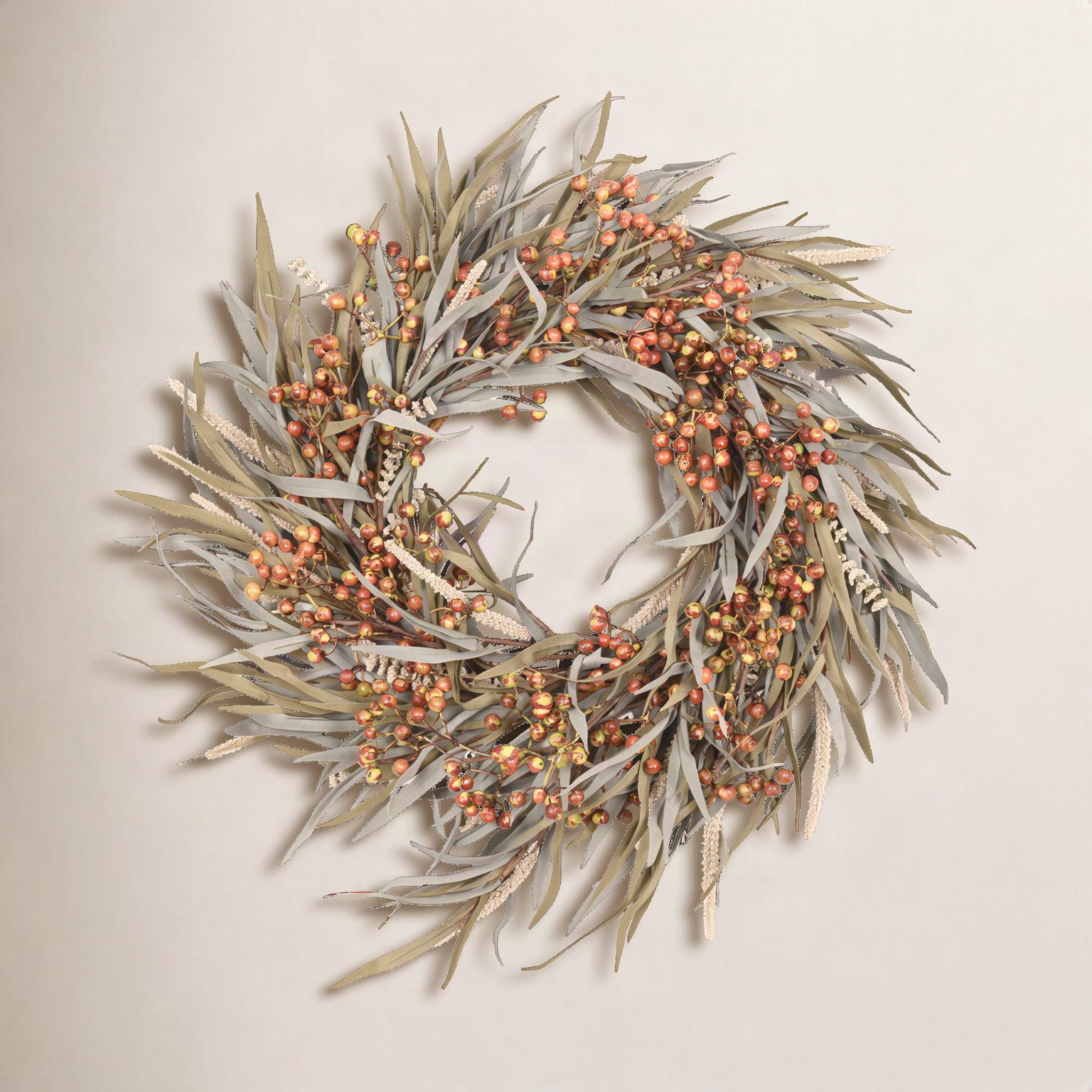 24" Grass, Berry Thanksgiving Wreath, Gray