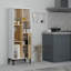 Armoire polyvalente moderne avec de nombreuses tablettes, blanc et chêne saphir, panneau de particules recouvert de mélamine à 100%, épaisseur: 0,7 po | Conception murale pour un rangement et une organisation supplémentaires-1527640797